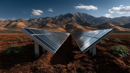 Poster - Solar panels in a field against a mountain range.