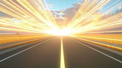 Poster - illuminated road with a bright light cutting through the darkness of night creating a striking and d