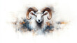 © KM - Serene and captivating digital portrait of mythical ram with large, curved horns and intense eyes, set against abstract background. artwork blends realism with fantasy elements