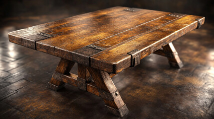 Poster - Rustic wooden trestle table with rich warm tones of oak, featuring sturdy legs and smooth surface, perfect for dining or gatherings. craftsmanship evokes sense of tradition
