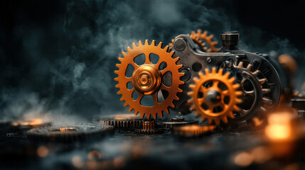 Poster - Steampunk heart gear mechanism in dark smoky setting, featuring intricate golden gears and mysterious atmosphere. scene evokes sense of industrial elegance and mechanical wonder