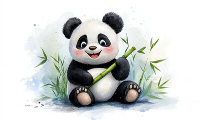 Poster - Sweet watercolor illustration of smiling panda doll holding bamboo stick, surrounded by green leaves. panda joyful expression adds charm to scene