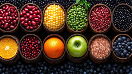 Poster - Vibrant assortment of colorful fruits, beans, grains, and vegetables displayed in wooden bowls, showcasing variety of textures and colors. arrangement is visually appealing
