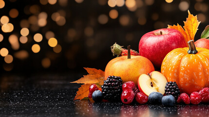 Poster - Vibrant autumn Thanksgiving arrangement featuring variety of fruits and leaves, including apples, pumpkins, berries, and colorful foliage, set against sparkling bokeh background