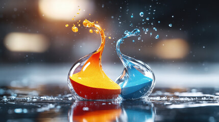 Poster - Vibrant sand clock with colorful gradient sand streams creates dynamic and artistic display. orange and blue sand appear to splash energetically, symbolizing passage of time
