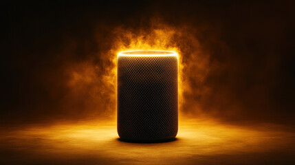Poster - Smart speaker emits warm, glowing light, creating dramatic and futuristic atmosphere. cylindrical device is surrounded by misty aura, highlighting its modern design