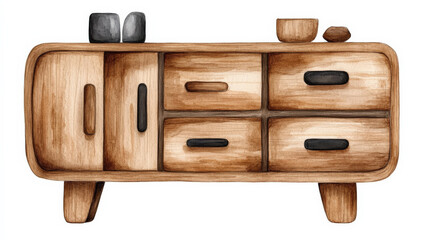 Poster - Watercolor illustration of contemporary wooden sideboard with drawers and cabinets, featuring black handles and decorative items on top, showcasing modern rustic style