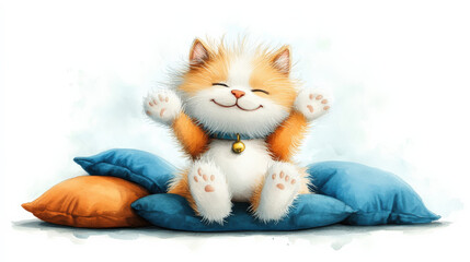 Aufkleber - Fluffy orange and white cat doll with bell collar sits joyfully on blue and orange pillows, exuding playful and cheerful vibe