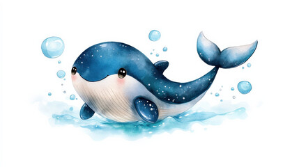 Poster - Cute watercolor illustration of whimsical teal whale doll with playful expression, surrounded by bubbles and splashes of water
