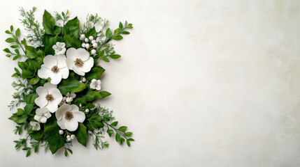 Poster - Beautiful arrangement of lush green leaves and delicate white flowers creates serene and elegant composition on light background, evoking sense of tranquility