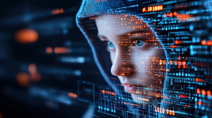 Poster - Person wearing hood is surrounded by digital code, symbolizing intersection of technology and human skills in job market. image conveys sense of focus and innovation