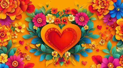 Poster - Vibrant floral heart design with colorful flowers and leaves on yellow background.