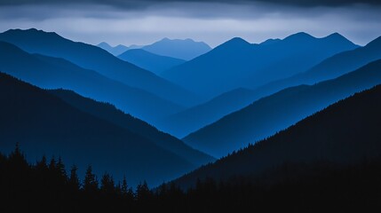 Poster - Stunning mountain range stretching across the horizon bathed in soft ambient light creating a majestic scene of natural beauty