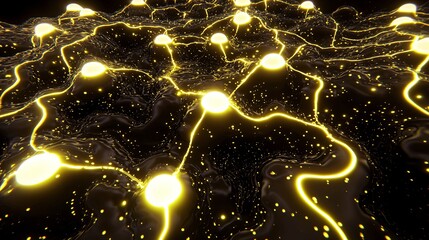 Poster - Enchanting bunch of glowing lights floating in the air above golden paths in the clouds creating an ambient atmosphere in an artistic illustration