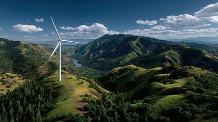 Wall Mural - Elevated view of a wind turbine nestled in a valley.