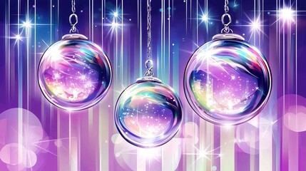 Poster - Three beautifully crafted christmas ornaments hanging from a string with a spotlight effect creating an enchanting holiday atmosphere