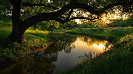  A sunlit creek flows beneath a large tree with green leaves