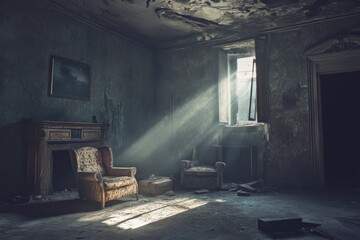 Poster - dramatic light streams into an abandoned room filled with decay and forgotten remnants, abandoned ro