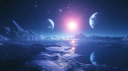 Poster - Majestic planet surrounded by two celestial bodies in a distant cosmic landscape with vibrant colors and ethereal energy fields
