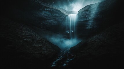 Poster - Dark cave waterfall flowing with powerful force creating a surreal and dreamlike scene in an enigmatic underground world