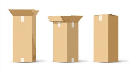 Aufkleber - Three cardboard boxes in various open and closed positions, isolated on white background.