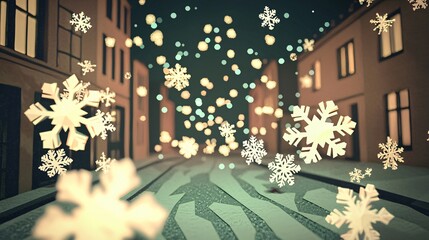 Poster - Charming illustration of a snowy street adorned with delicate snowflakes under a night sky creating a winter wonderland vibe