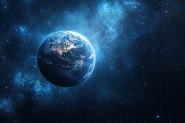 Poster - Earth floats amid a star-filled expanse of outer space illuminated by distant celestial bodies, Earth floats in vast, star-filled outer space with cosmic blue hues and bright light