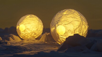 Poster - Two glowing eggs mysteriously hovering in a cosmic landscape of frozen exoplanets during a captivating golden hour glow