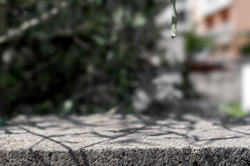 Aufkleber - Stone concrete table with sunlight and leaves shadows sunny background. Summer stone table background with blurred bokeh. Minimalistic nature stone podium table summer cozy background copy space