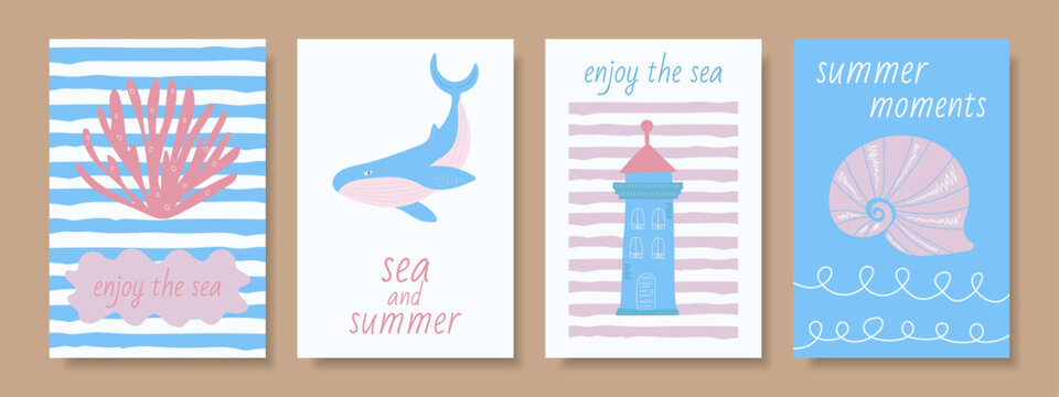 Abstract summer sea posters, cards in doodle style with hand drawn shell, vit, lighthouse and corals.