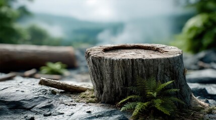 Poster - Tree stump reflecting deforestation and climate change crisis concept. A close-up of a tree stump surrounded by lush greenery.