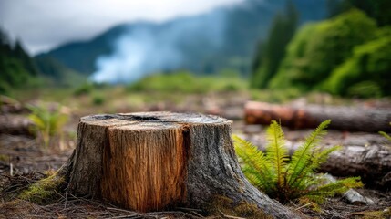 Poster - Tree stump reflecting deforestation and climate change crisis concept. A serene forest scene featuring a tree stump surrounded by nature.