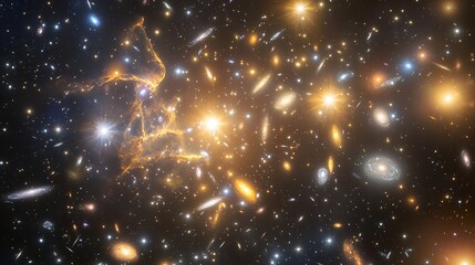 Poster - A cluster of galaxies forming a stunning cosmic display of beauty and intrigue captured in gentle ambient light and cosmic wonder