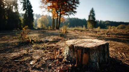 Poster - Tree stump representing environmental damage and forest decline concept. A close-up of a tree stump in a serene natural landscape.