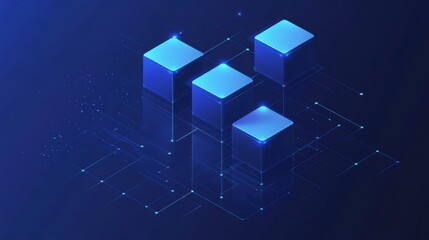 Leinwandbilder - Abstract 3D isometric glowing blue cubes connected by lines on a dark blue background, representing data, technology, or network.