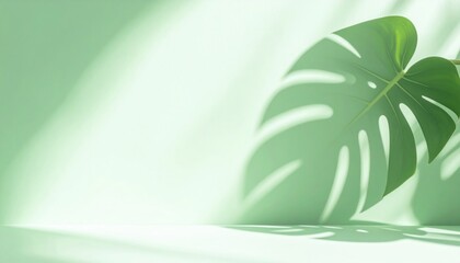Poster - Captivating green leaf shadow play on soft background indoor nature photography calm environment close-up view organic concept