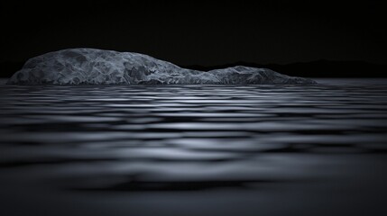 Poster - Isolated rock formation emerging from calm waters surrounded by picturesque scenery and soft moody shadows in a natural setting