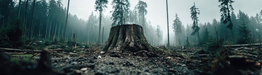 Poster - Tree stump representing environmental damage and forest decline concept. A haunting view of a tree stump surrounded by foggy forest.