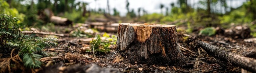 Poster - Tree stump representing environmental damage and forest decline concept. Tree stump in a serene forest setting with green vegetation.