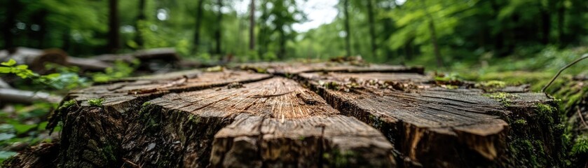 Poster - Tree stump exposing illegal forest damage and biodiversity loss concept. Close-up view of a tree stump surrounded by lush green foliage.