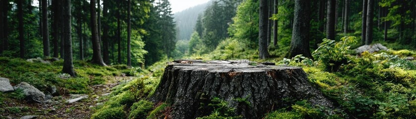 Poster - Tree stump exposing illegal forest damage and biodiversity loss concept. A serene forest landscape showcasing a tree stump and greenery.