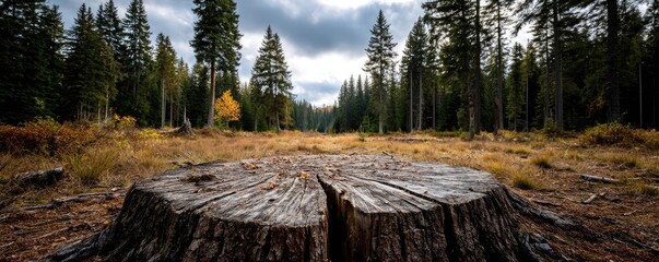 Poster - Tree stump representing environmental damage and forest decline concept. A serene forest landscape featuring a large tree stump.