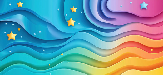 Poster - colorful abstract waves with stars and gradients in blue, pink, and yellow tones.