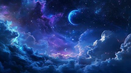 Aufkleber - Dreamlike night sky with vibrant nebulae, glowing clouds, and a celestial body.
