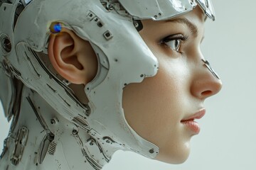 Poster - Cyborg fashion profile showcasing intricate design and futuristic features in an artistic setting, Female cyborg fashion profile close-up