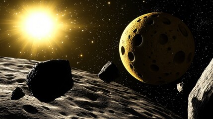 Wall Mural - a celestial scene featuring a moon and a rock set against the darkness of space with radiant highlig