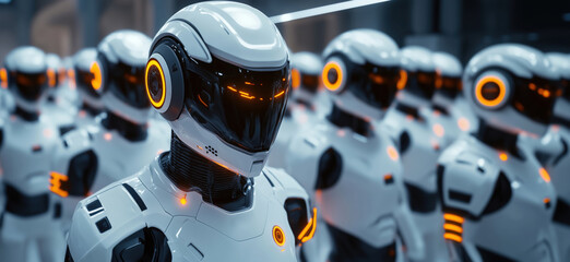 Poster - Futuristic humanoid robots with glowing accents in a high-tech environment.