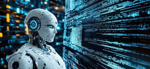 Poster - Futuristic humanoid robot against digital data wall showcasing advanced technology.