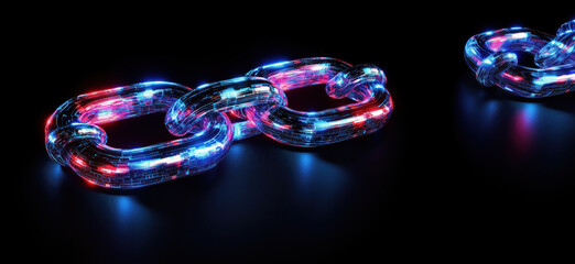 Fototapete - Futuristic glowing digital chain links representing blockchain technology and security.