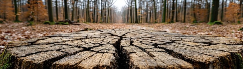 Poster - Tree stump representing environmental damage and forest decline concept. Cracked earth in a tranquil forest with changing foliage.